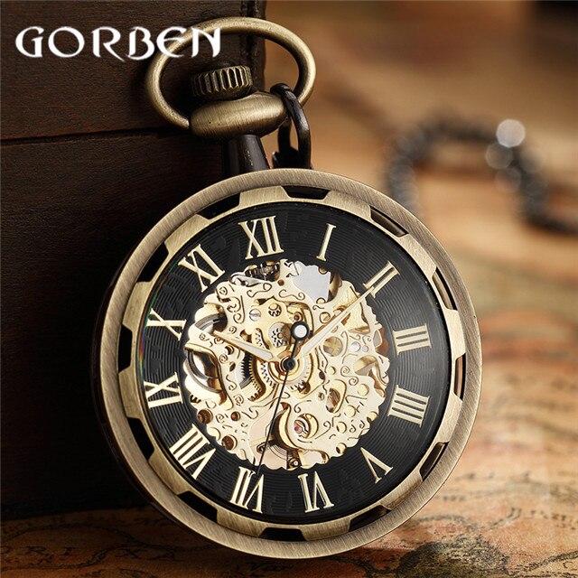 retro watch necklace steampunk skeleton mechanical fob pocket watch roman number clock pendant hand winding men women chain gift