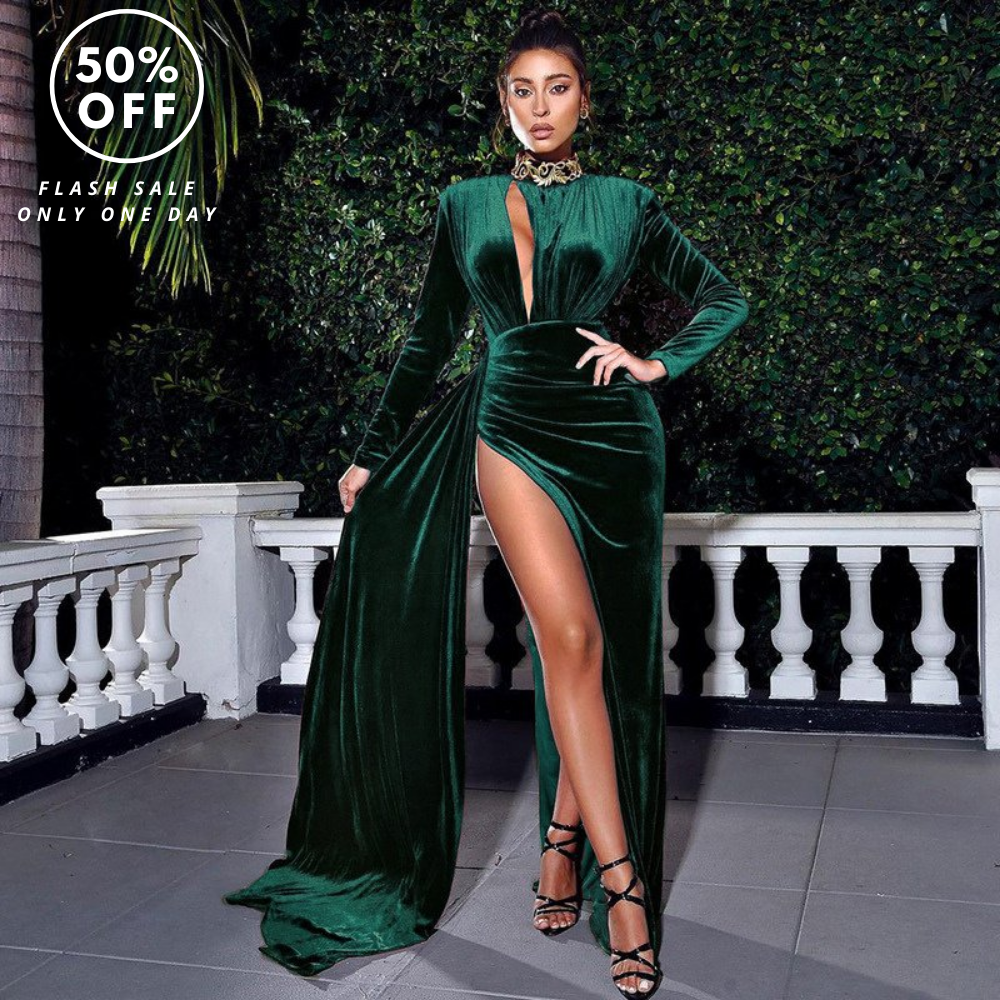 Long sash suede green cutout high slit velvet dress womens hep style