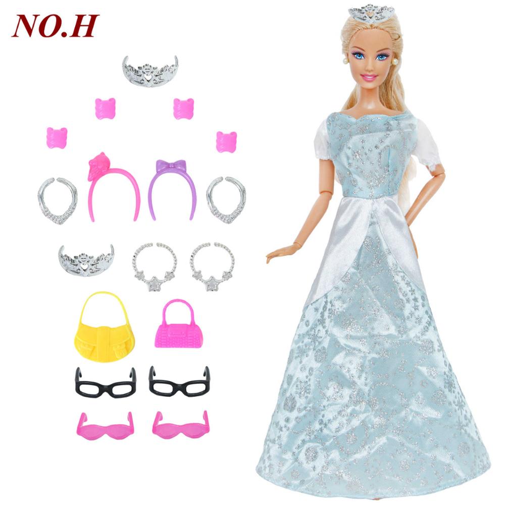 14 Pcs / Lot = 1x Fairy Tale Doll Dress + 13x Random Accessories Shoes Handbag Glasses Clothes for Barbie Doll Baby Girl Toys