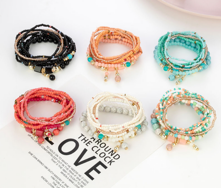 Hot Sale Handmade Wholesale Charm Bohemian Multilayer Bracelet Jewelry Set for Women Rice Bead Bracelet Custom