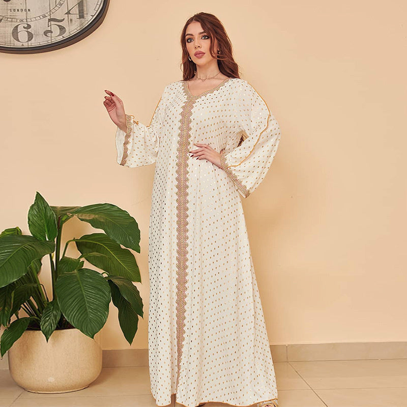 Hotstamping muslim robe women kaftan rhinestones lace long sleeve dress