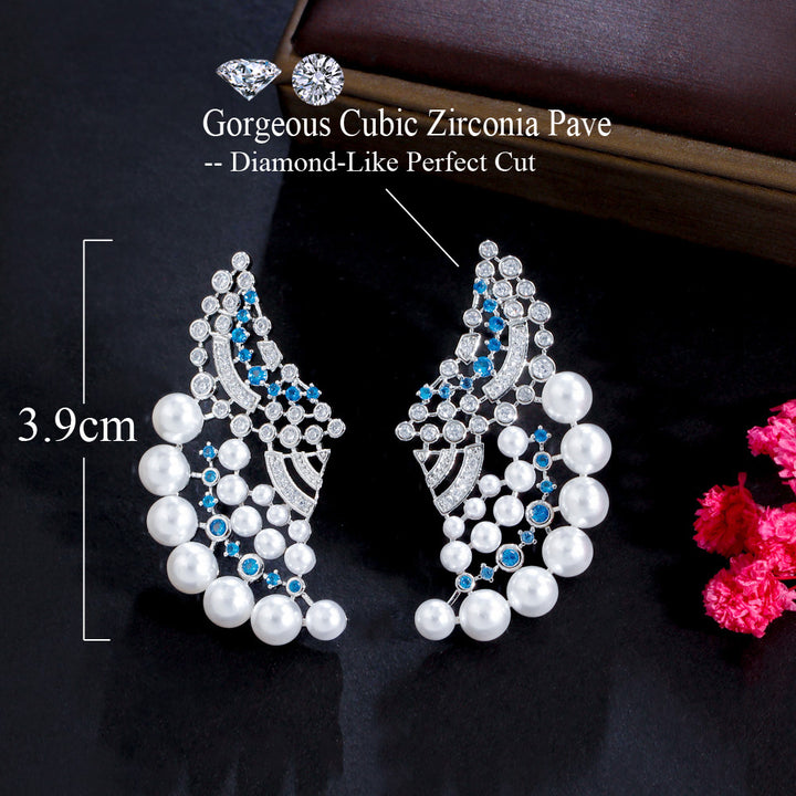 Elegant womens blue cubic zircon stone big pearl earrings jewelry accessories