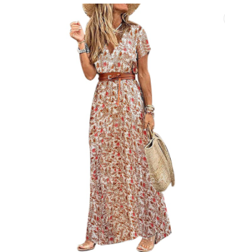 Womens long dress summer v neck boho belted maxi casual beach party