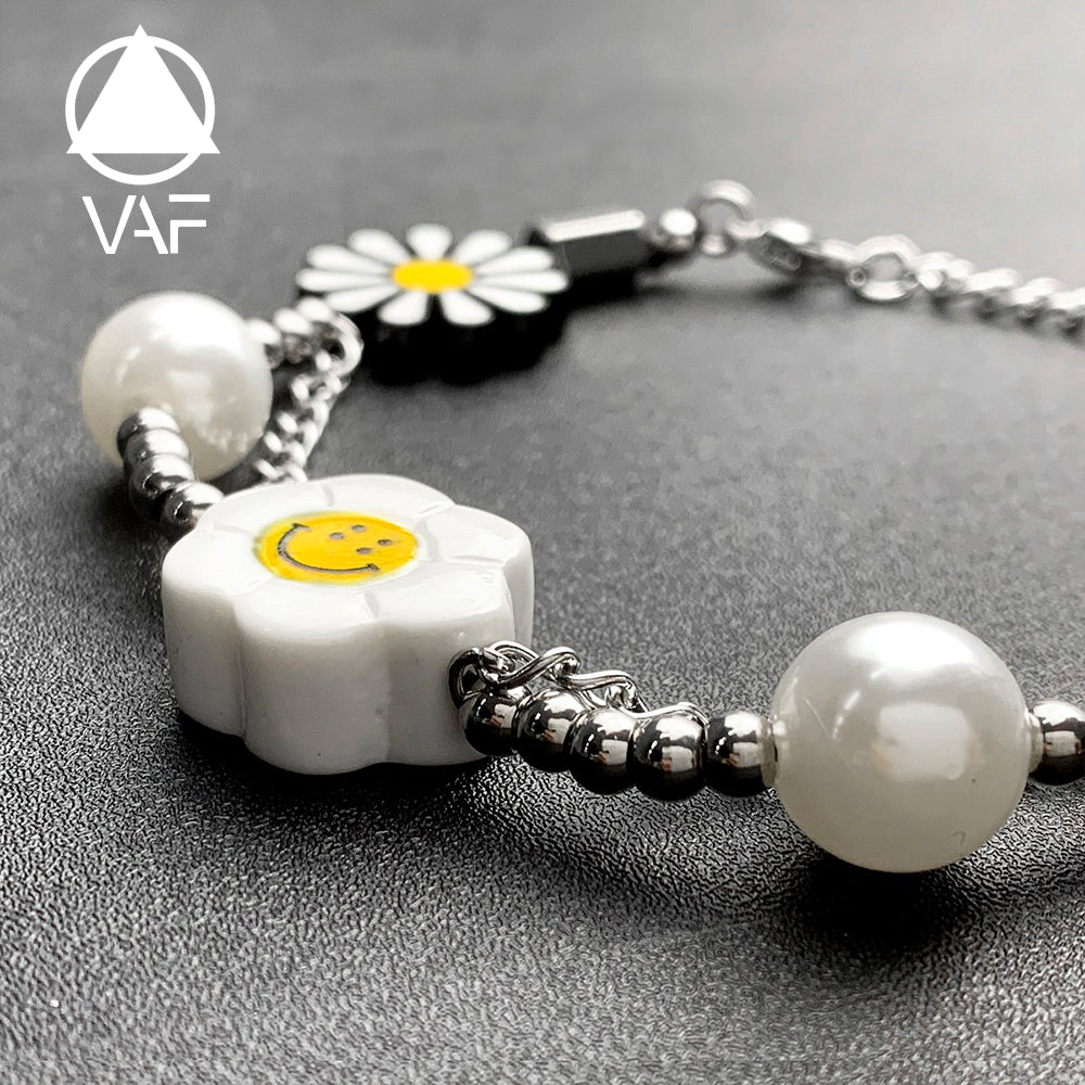 VAF Freshwater Pearl Happy Smiley Smile Face Chain Bracelet Sunflower Daisy Flower Seed Bead Bracelet for Women