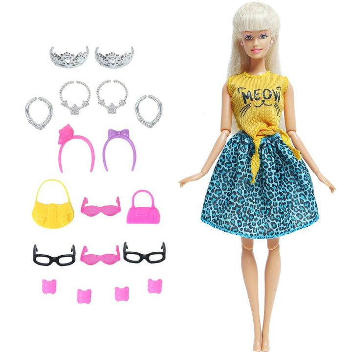 14 Pcs / Lot = 1x Fairy Tale Doll Dress + 13x Random Accessories Shoes Handbag Glasses Clothes for Barbie Doll Baby Girl Toys