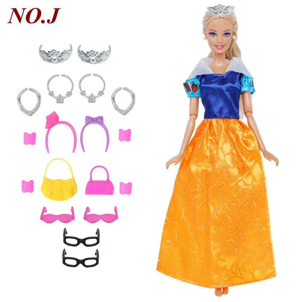 14 Pcs / Lot = 1x Fairy Tale Doll Dress + 13x Random Accessories Shoes Handbag Glasses Clothes for Barbie Doll Baby Girl Toys