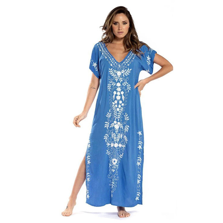 Women Maxi Dress Loose Cover Up Short Sleeve v Neck Side Split