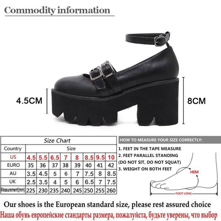 Gdgydh Womens Pump Gothic Shoes Ankle Strap High Chunky Heels Platform Punk Creepers Shoes Female Fashion Buckle Comfortable