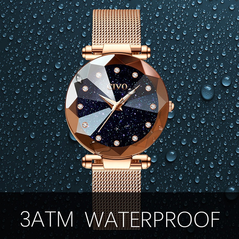 Luxury crystal waterproof rose gold steel mesh quartz women watch