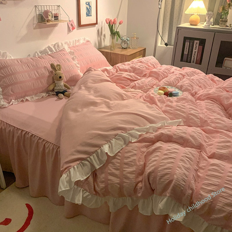 Pink ruffled soft lightweight down duvet cover  bedskirt pillowcases set