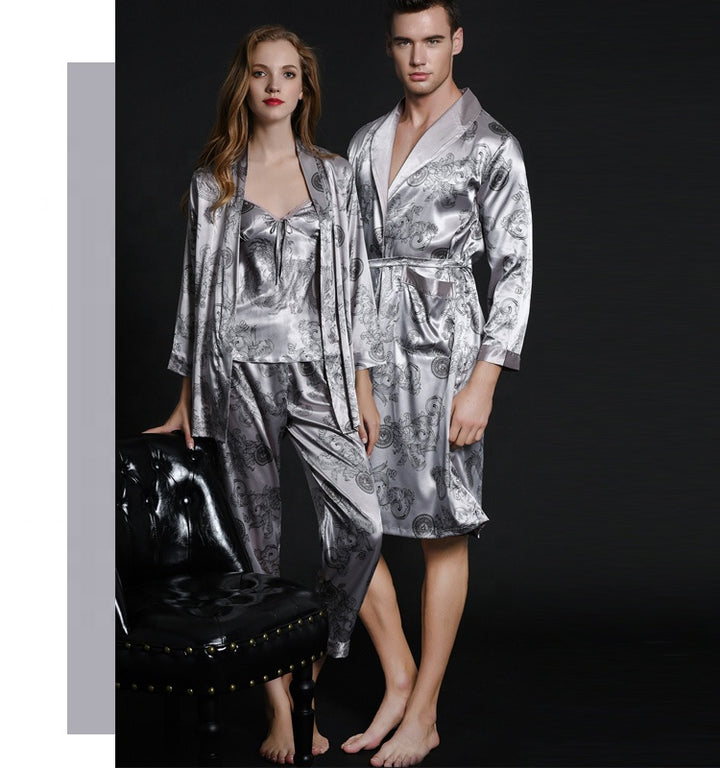 Dragon phoenix print men silk satin couple pajamas sets