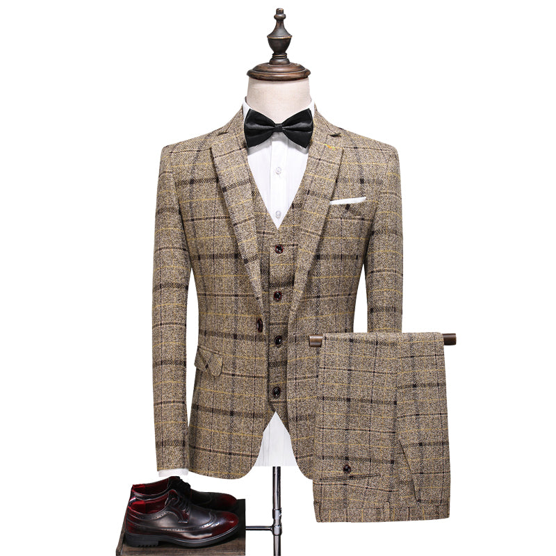 2021 New Men's Three Piece Suit Bridegroom's Dress Business Dress Large Plaid Suit Split Ends