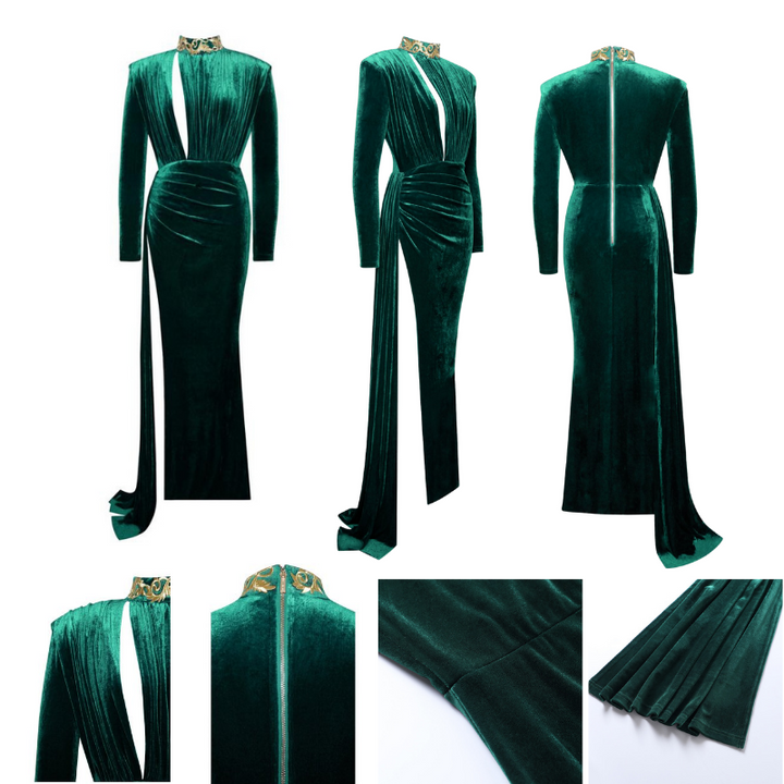 Long sash suede green cutout high slit velvet dress womens hep style