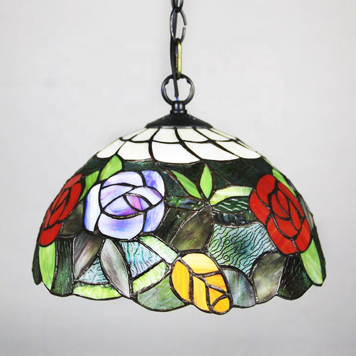 LongHuiJing 1 Light Rose Hanging Chandelier Tiffany Style Red Green Stained Glass Pendant Lamp 12Inch Wide