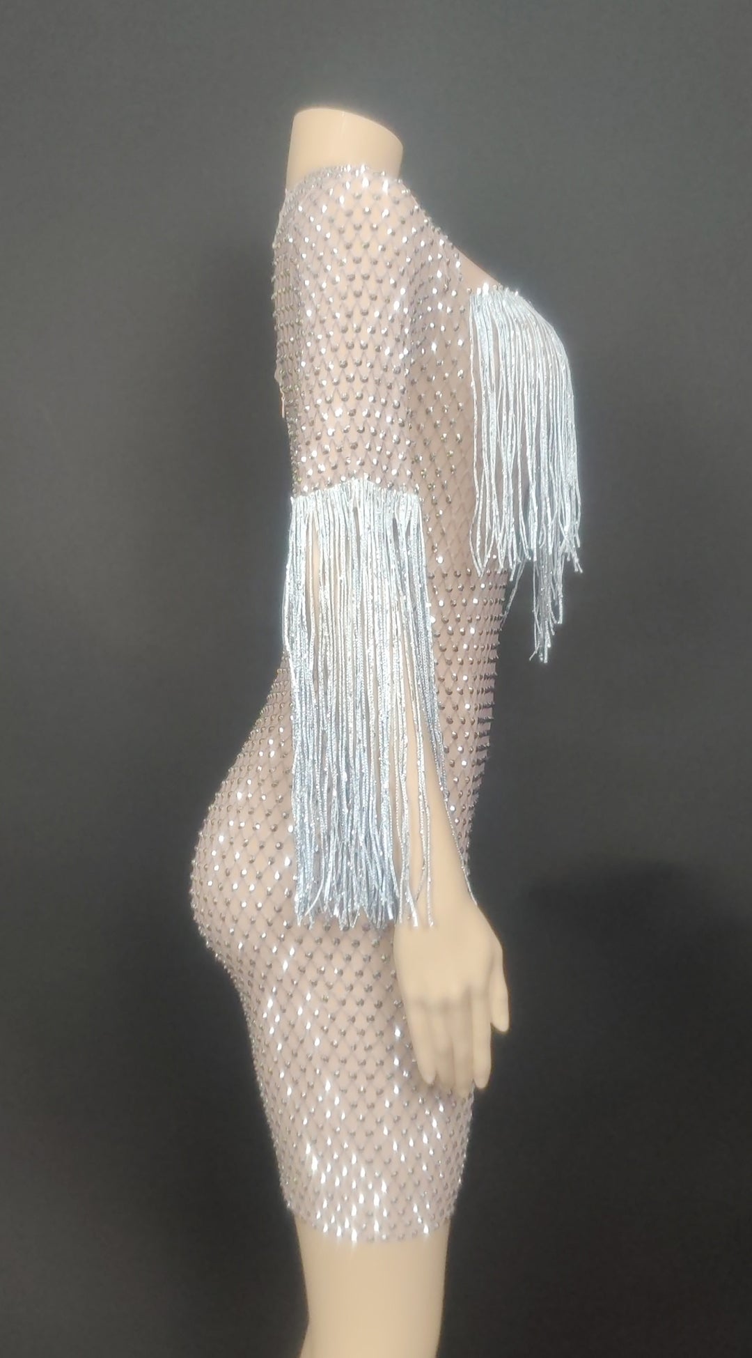 Crystal diamonds tassels women clothing sheath low cut see through luxury party gown