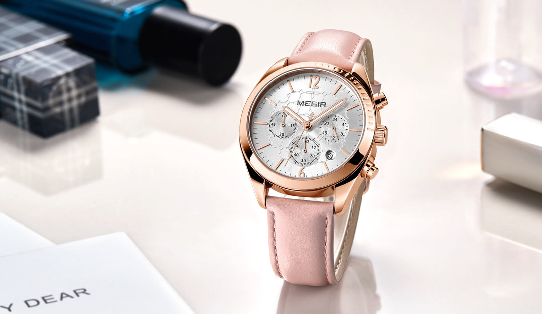 Womens waterproof top brand chronograph genuine leather bracelet watch