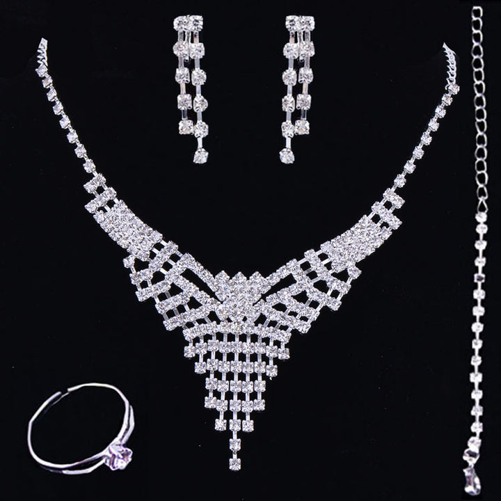 Rhinestone-silver-pendant-necklace-tennis-bracelet-ring-earrings-jewelry-set