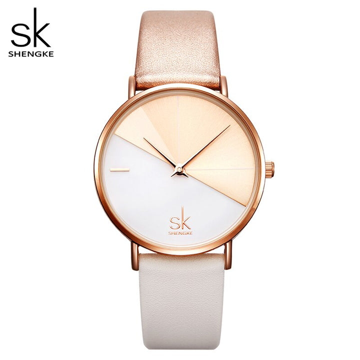 Fashion women dual color faux leather strap round dial analog quartz wrist watch