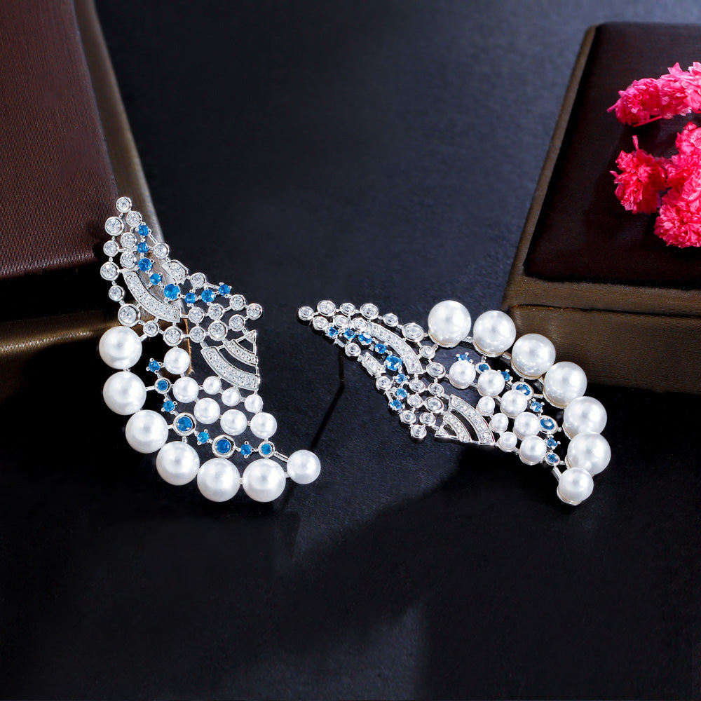 Elegant womens blue cubic zircon stone big pearl earrings jewelry accessories