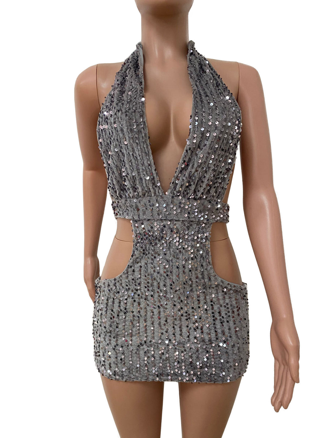 Halter tie neck cut out mini skirt sling wrap backless sequin dress for women