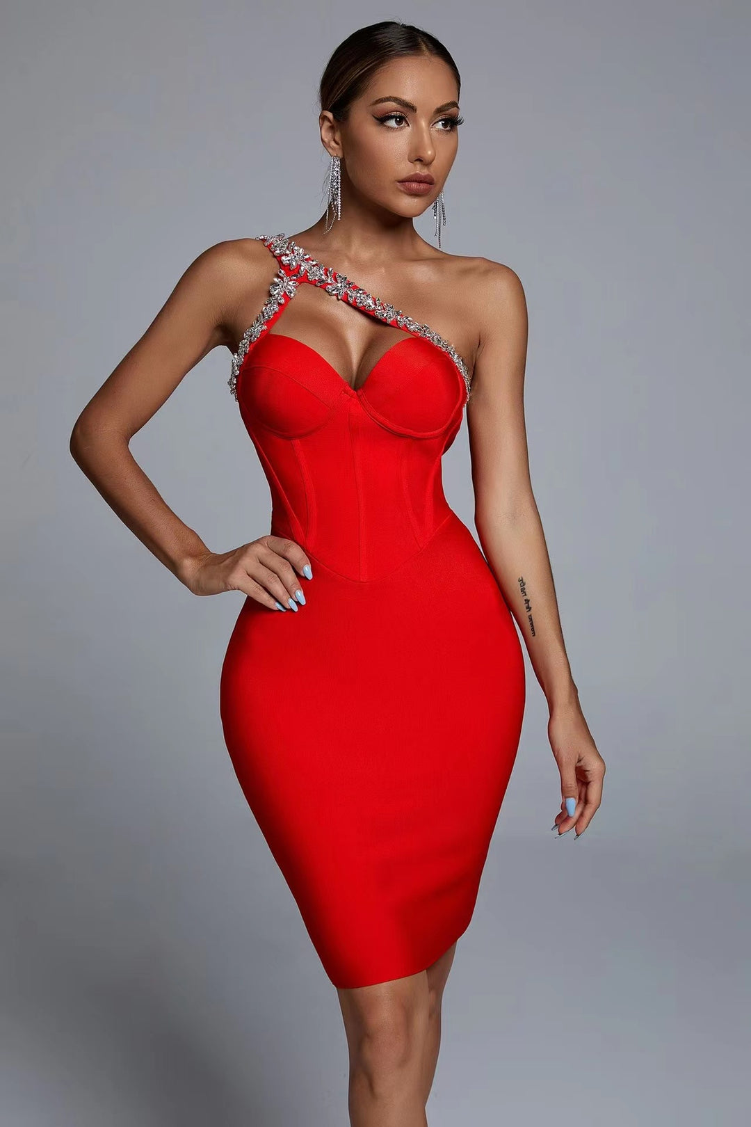 Womnes one shoulder collar rhinestone bodycon evening dresses
