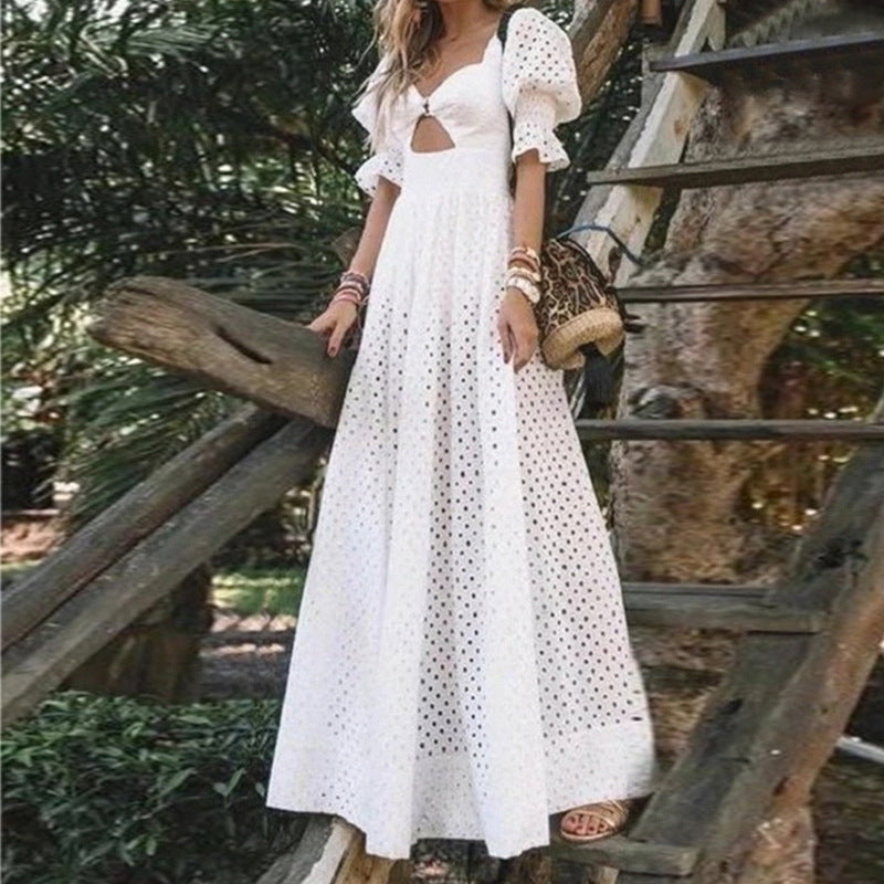Women square neck white lace with buckle chest skirt bubble short sleeves