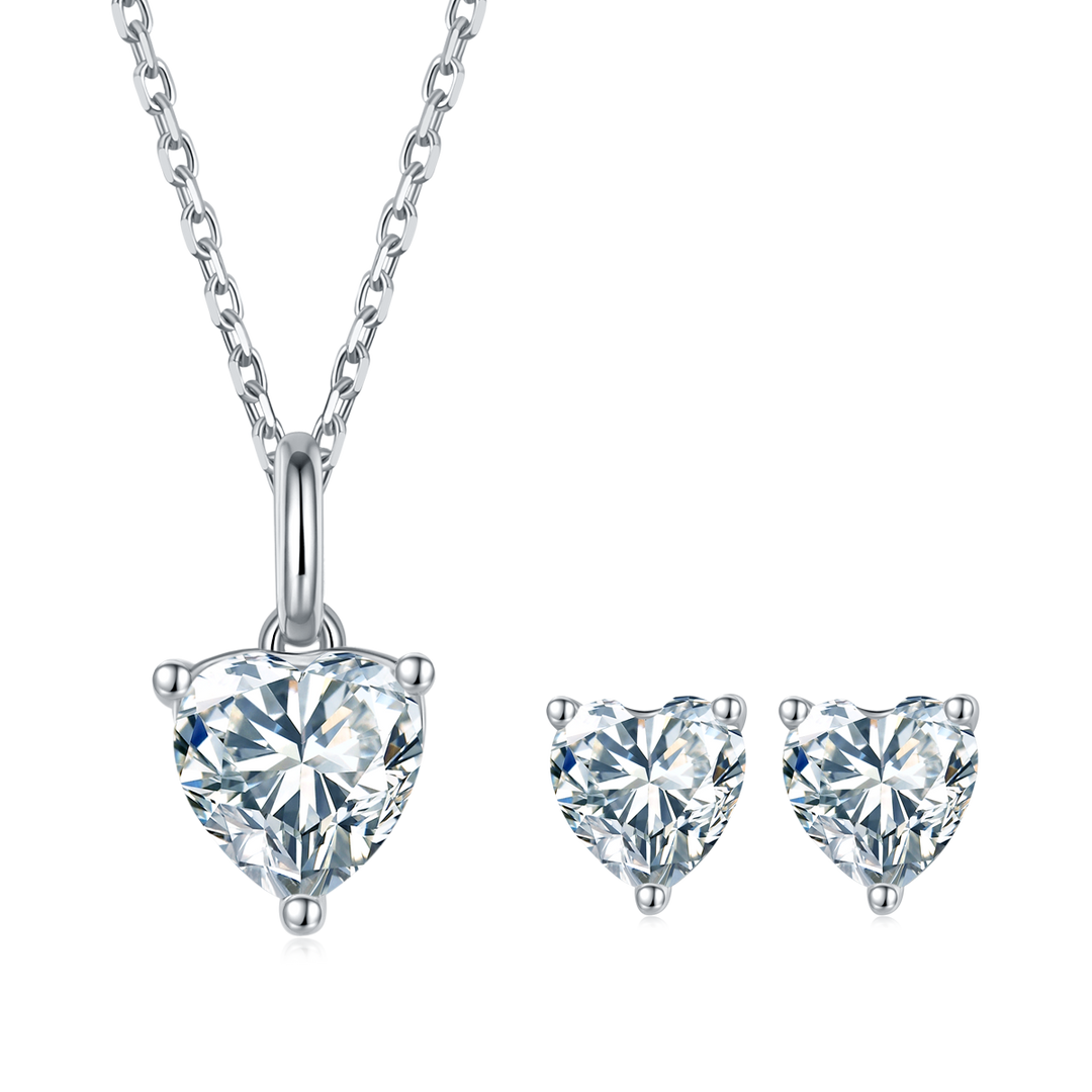 Heart shape diamond jewelry set white gold plated silver necklace and earring