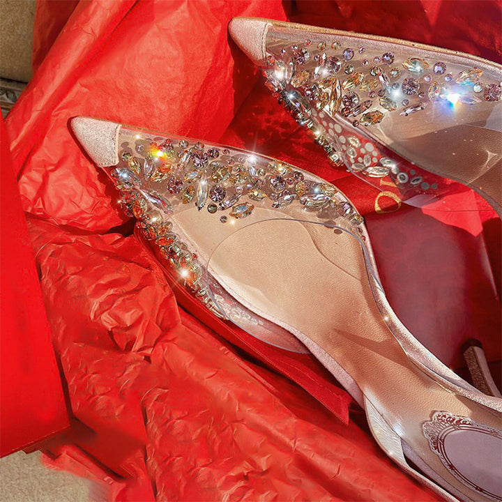 Rhinestone transparent heels pvc upper crystal slingback shoes pointed toe pumps