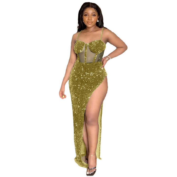 Womens dress solid color jacquard bronzing sequins mesh bag hip skirt