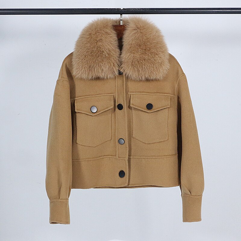 Wool blend womens winter jacket real fur collar pockets outwear