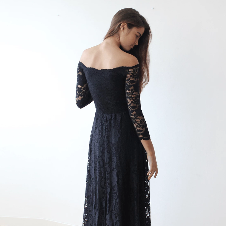 Off-The-Shoulder Black Floral Lace Long Sleeve Maxi Dress 1119