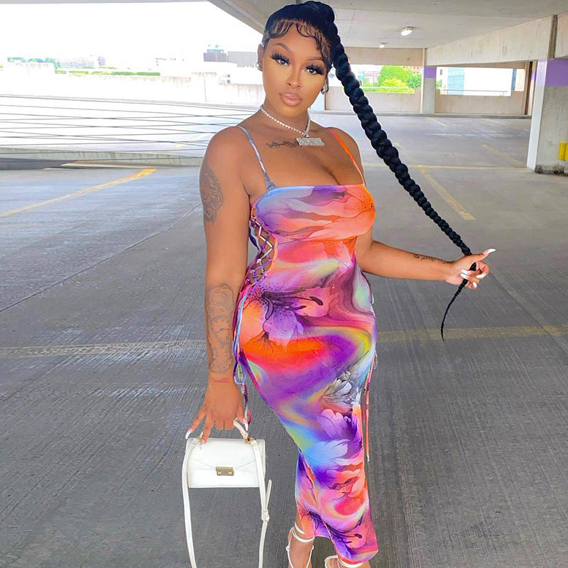 Colorful womens midi print sling dress side cutout bodycon