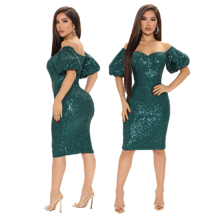 Celebrity evening fashion women dress luxurious slash neck sequins glitter mini