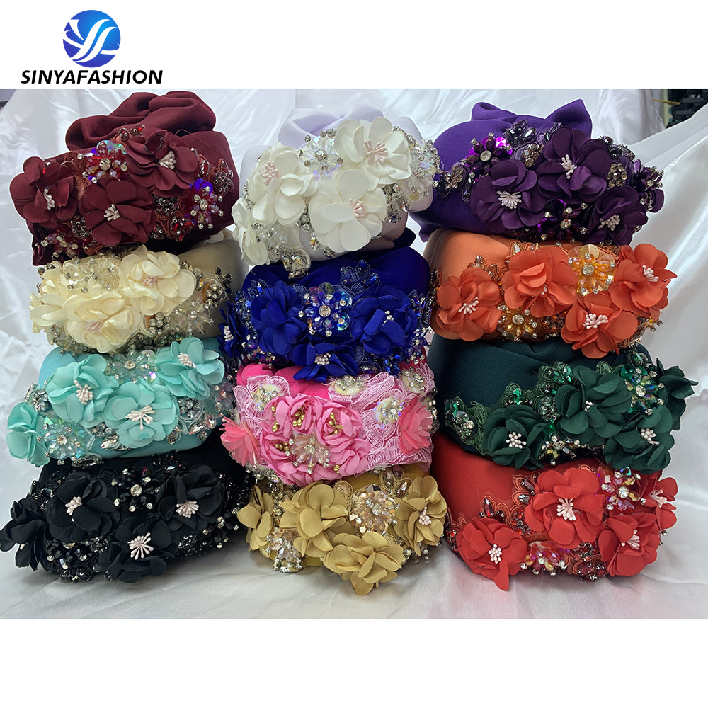 Best selling turban hat flower designs crystal auto gele headtie for women