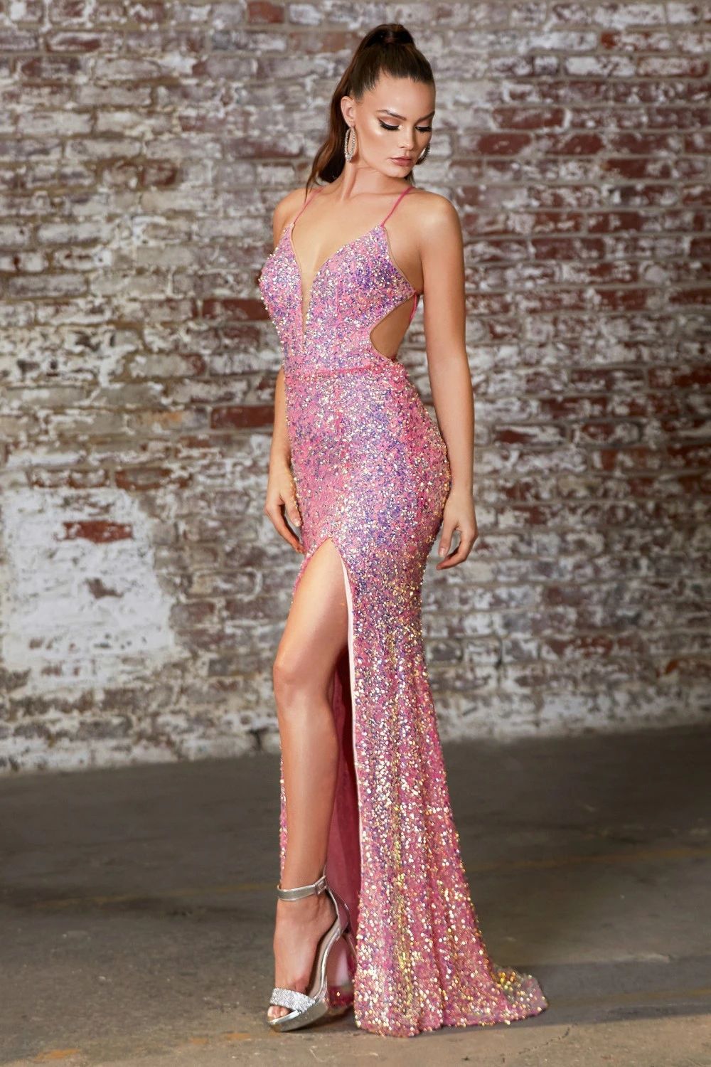 Elegant spaghetti strap high split glitter long women shine sequin backless evening dress