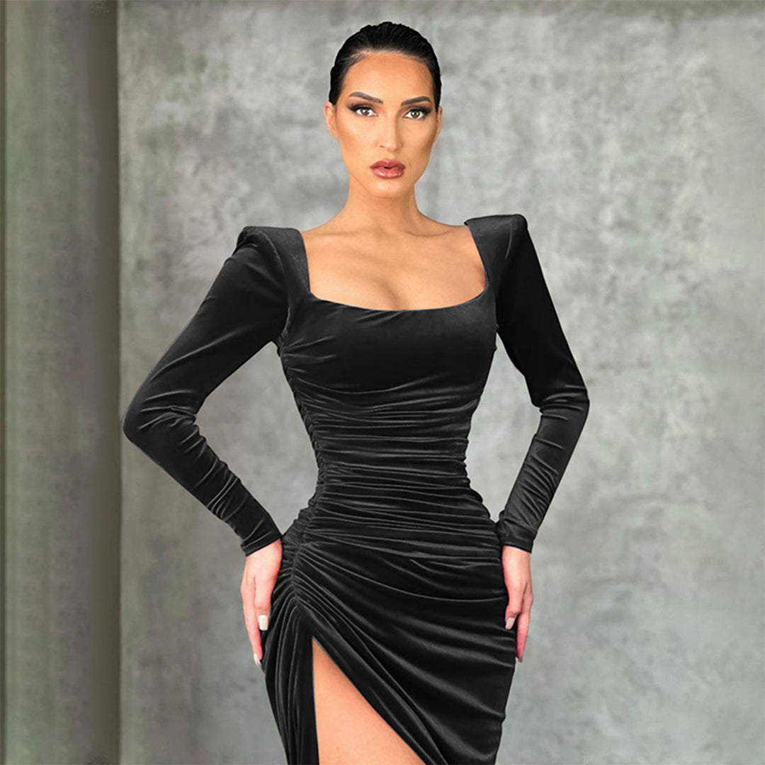 Velvet fashion elegant square neck slit high waist women dress