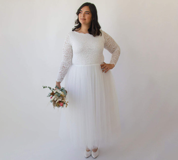 Short Wedding Dress ,Curvy  Ivory Boat Neckline Tulle & Lace Midi Dress #1323