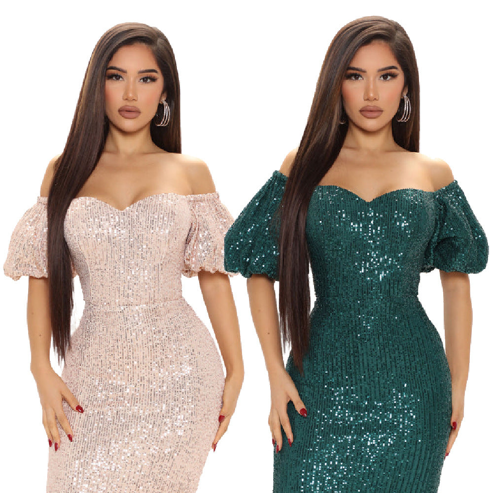 Celebrity evening fashion women dress luxurious slash neck sequins glitter mini
