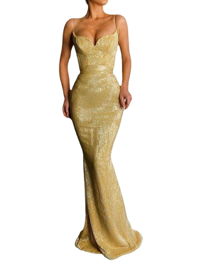 High quality womens sequined hip trailing banquet evening dress