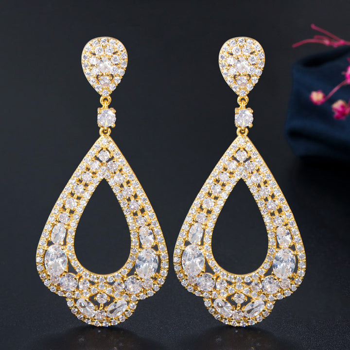 Full micro cz crystal 18k gold color womens wedding luxury long earring jewelry