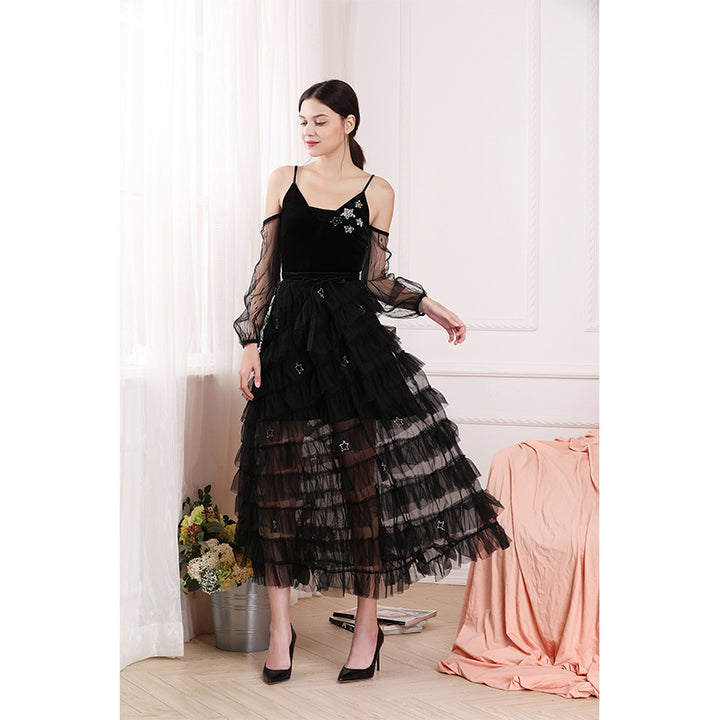 Thin strap v neck transparent tiered womens high quality velvet top black mesh dress