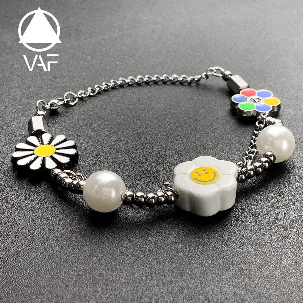 VAF Freshwater Pearl Happy Smiley Smile Face Chain Bracelet Sunflower Daisy Flower Seed Bead Bracelet for Women