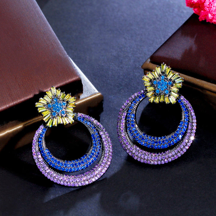 Double round drop micro inlay blue purple cubic zircon crystal earring jewelry