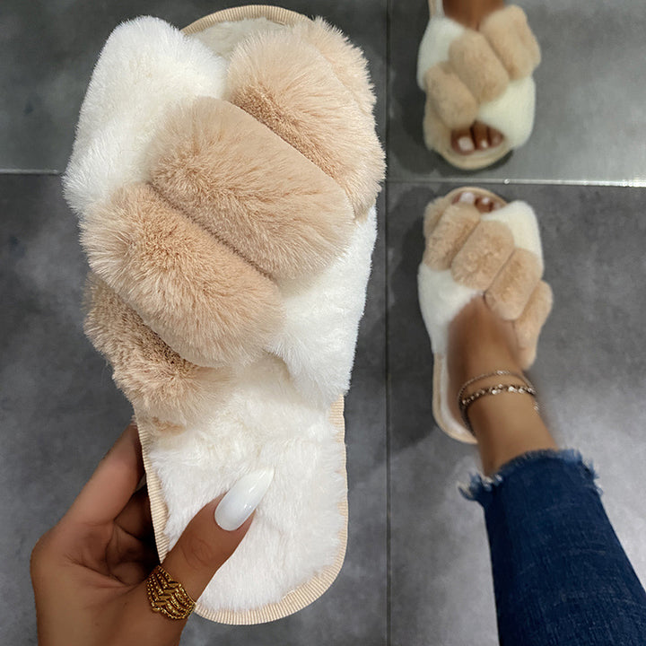 Winter women furry slippers soft plush cross faux fur shoes indoor platforms