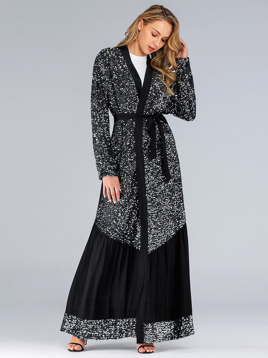 Sequins black kaftan kimono cardigan muslim hijab dress