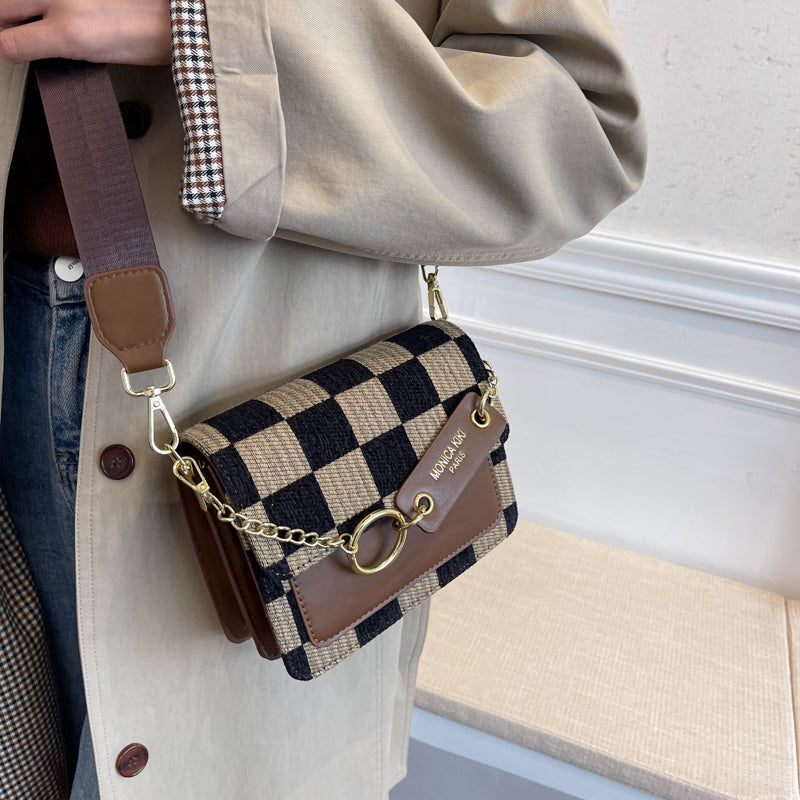 2022 Checkerboard Small Fabric PU Leather Flap Crossbody Bags for Women Fashion Handbags Lady Shoulder Bags