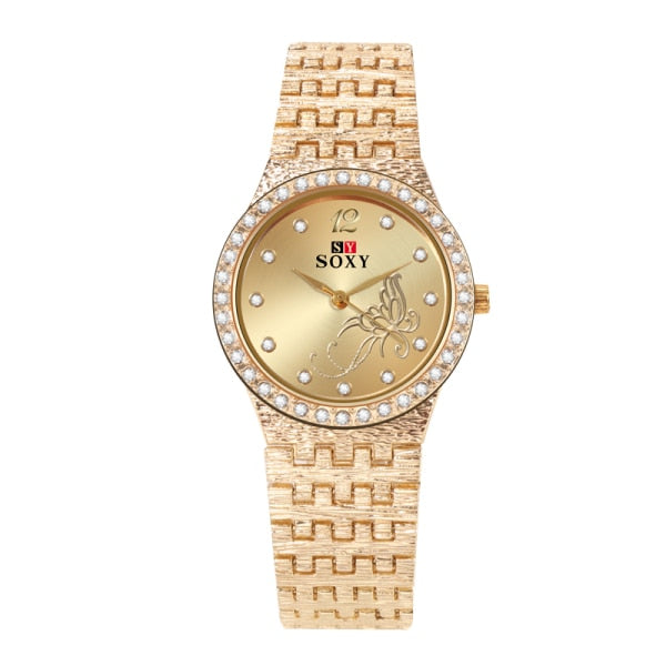 Womens fashion luxury diamond gold wrist quartz watch