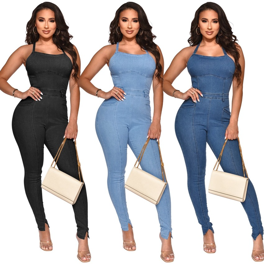 Denim womens rompers spaghetti straps long skinny backless 1 pc overalls