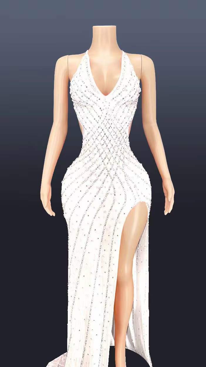 Fashion halter long dress elegant v neck sleeveless rhinestone high slit