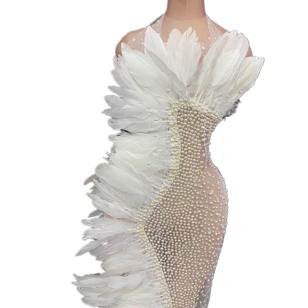 White feathers see through long women stage costume halter rhinestone